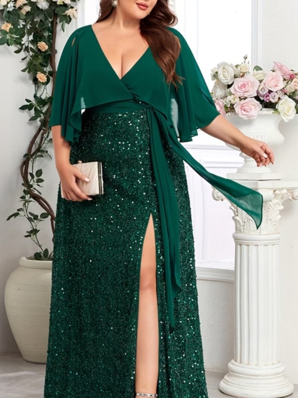 NWT Elegant Emerald Green Sequin Wrap Evening Dress 1X Formal Wedding Black Tie